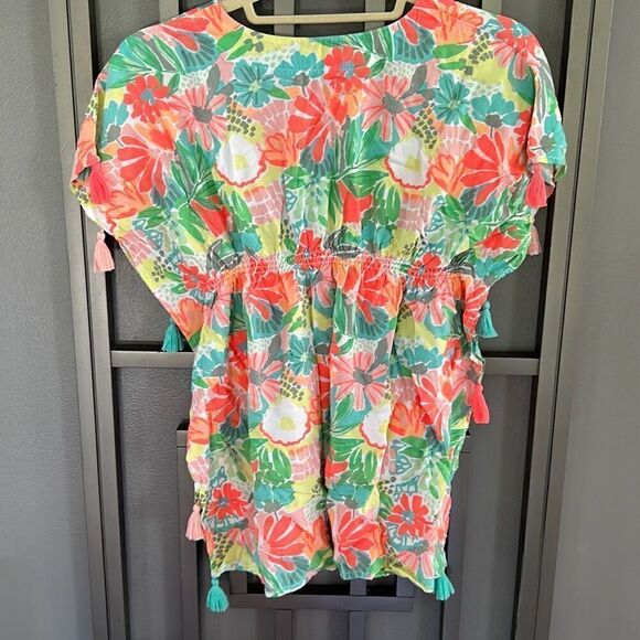 Cat & Jack bright floral peach orange green bathing suit cover up tassel top siz - Picture 5 of 5